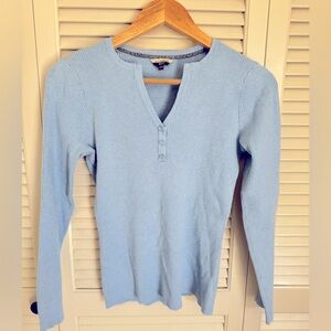 Soft ribbed baby blue top from Denver Hayes